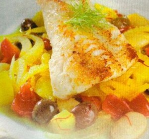 rotbarschfilet auf kartoffel-bohnen-ragout mit fenchel und oliven (fisch)